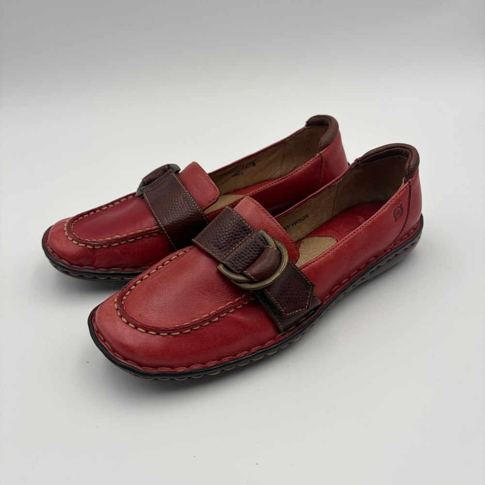 Born Red Leather Buckle Loafers Handcrafted W0528 Womens 8 EU 39